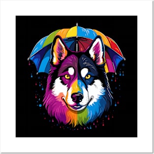 Siberian Husky Rainy Day With Umbrella Posters and Art